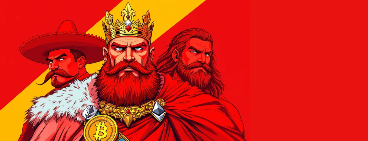 Rabona Casino Rabona Casino king with Bitcoin and Ethereum symbols in red and yellow background